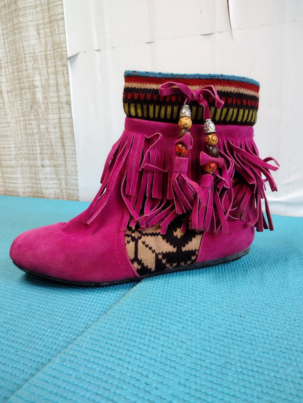 Forever Women's Pink Faux Suede Fringe Flat Ankle Boots 8